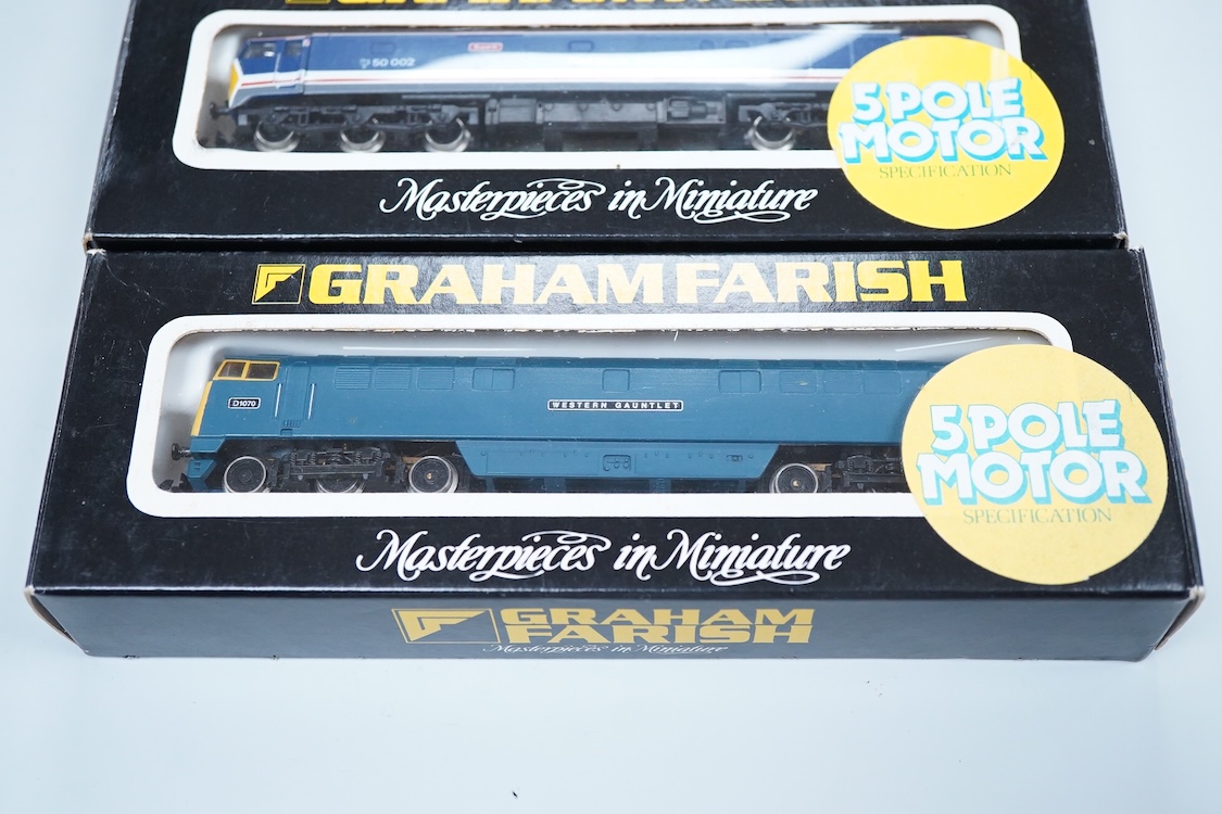 Four boxed Graham Farish N gauge railway electric and diesel locomotives; a BR class 55, Argyle & Sutherland Highlander D9021 (8414), a Freightliner class 57, Freightliner Pioneer 57001 (804A), a Rail Express class 90, P